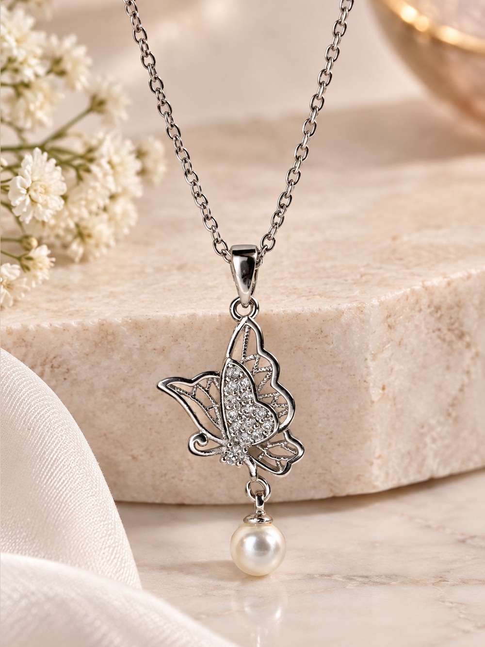 Silver Butterfly Pendant Necklace with Faux Pearl Drop | Elegant Boho Jewelry
